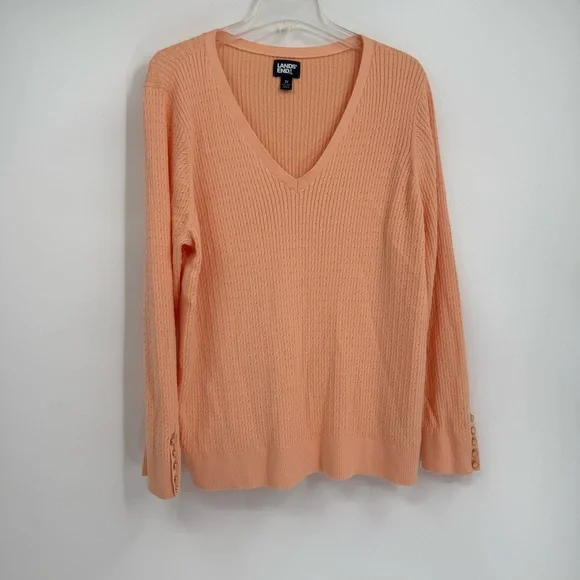 Lands End Cable Knit Sweater Womens Size 3X Long Sleeve V Neck cotton peach - Picture 9 of 9